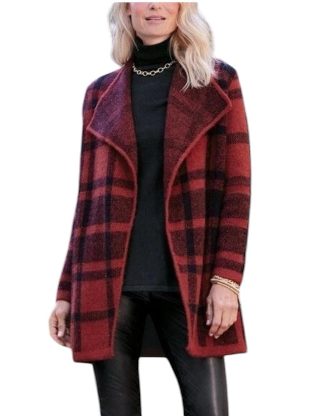 Soft Surroundings Cottage Cardigan Plaid Open Front Wool Alpaca Blend Size S